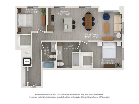 A floor plan of a small apartment with a bedroom, bathroom, kitchen, and living room.